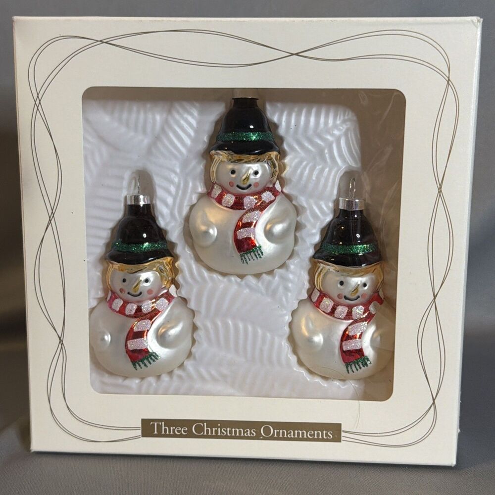 Vintage Roly Poly Snowman Glass Christmas Ornaments 3" Dayton's 1999 W/Box